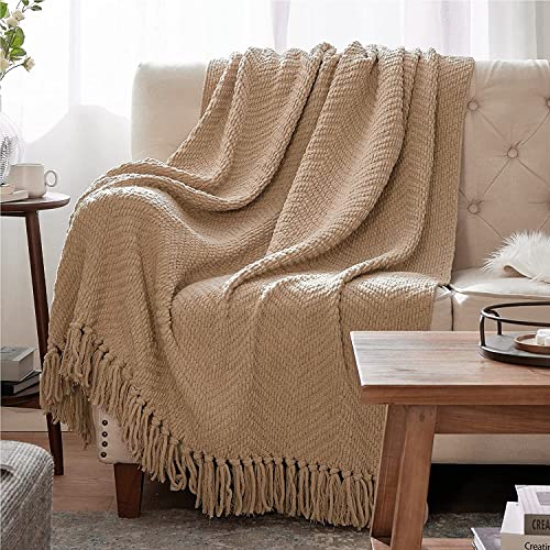 Bedsure Throw Blanket For Couch - Beige Knit Woven Chenille Blanket Versatile For Chair, 50 X 60 Inch, Super Soft Warm Decorativ