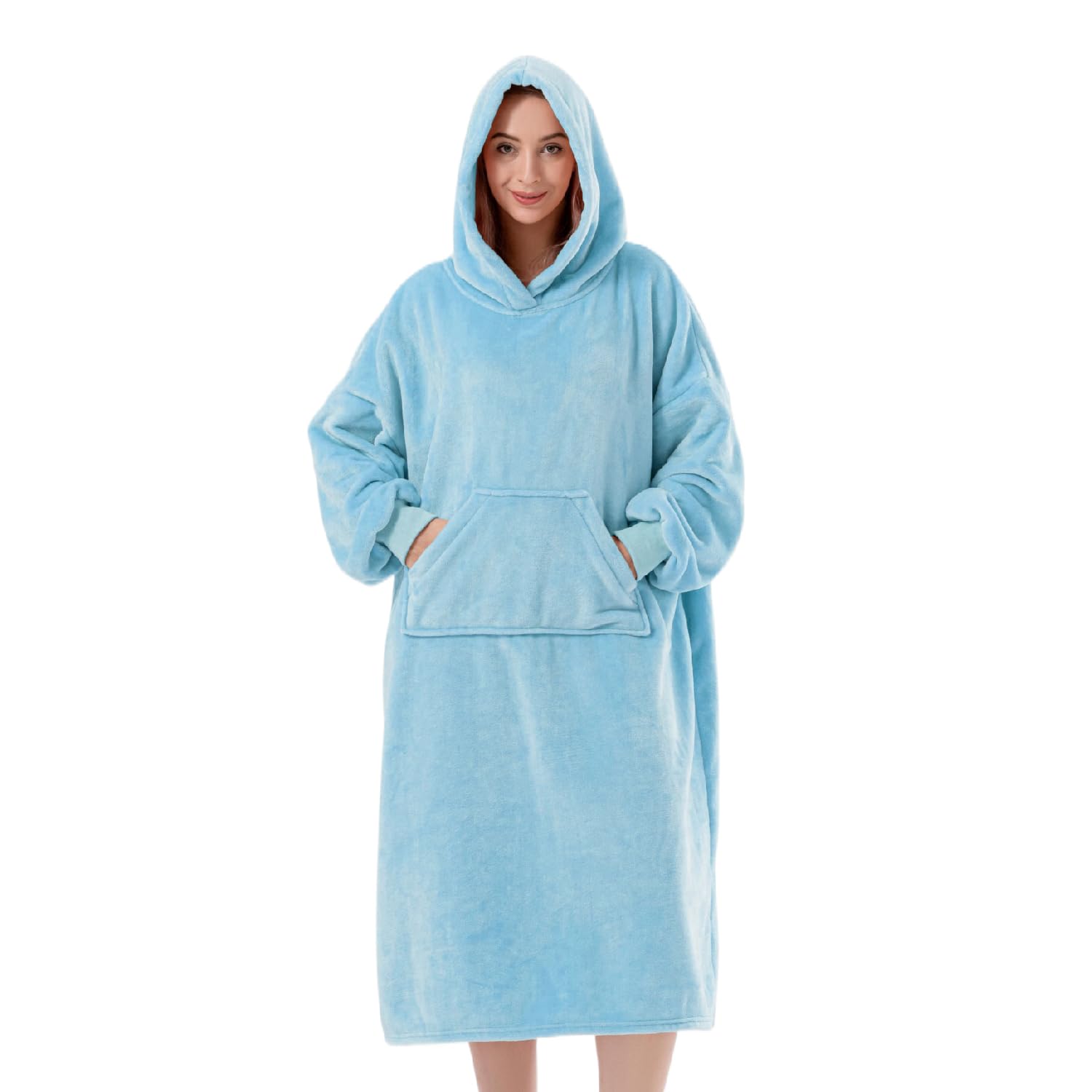 Wearable Blanket Hoodie For Women/Kids/Men, Oversized & Cozy Sherpa Lined Hoodie Sweatshirt Blanket(Baby Blue,Long)