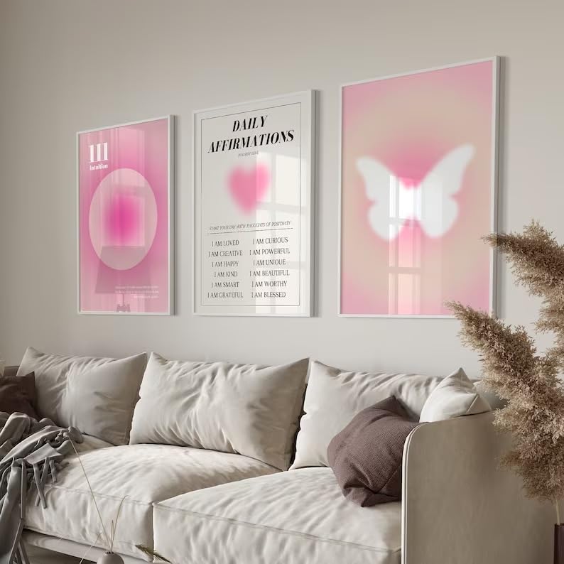 Hesendot Retro Gradient Wall Art Decor Set Of 3,Pink Aura Poster,Affirmation Poster,12X16In Truly Quality Canvas Wall Art Pictur