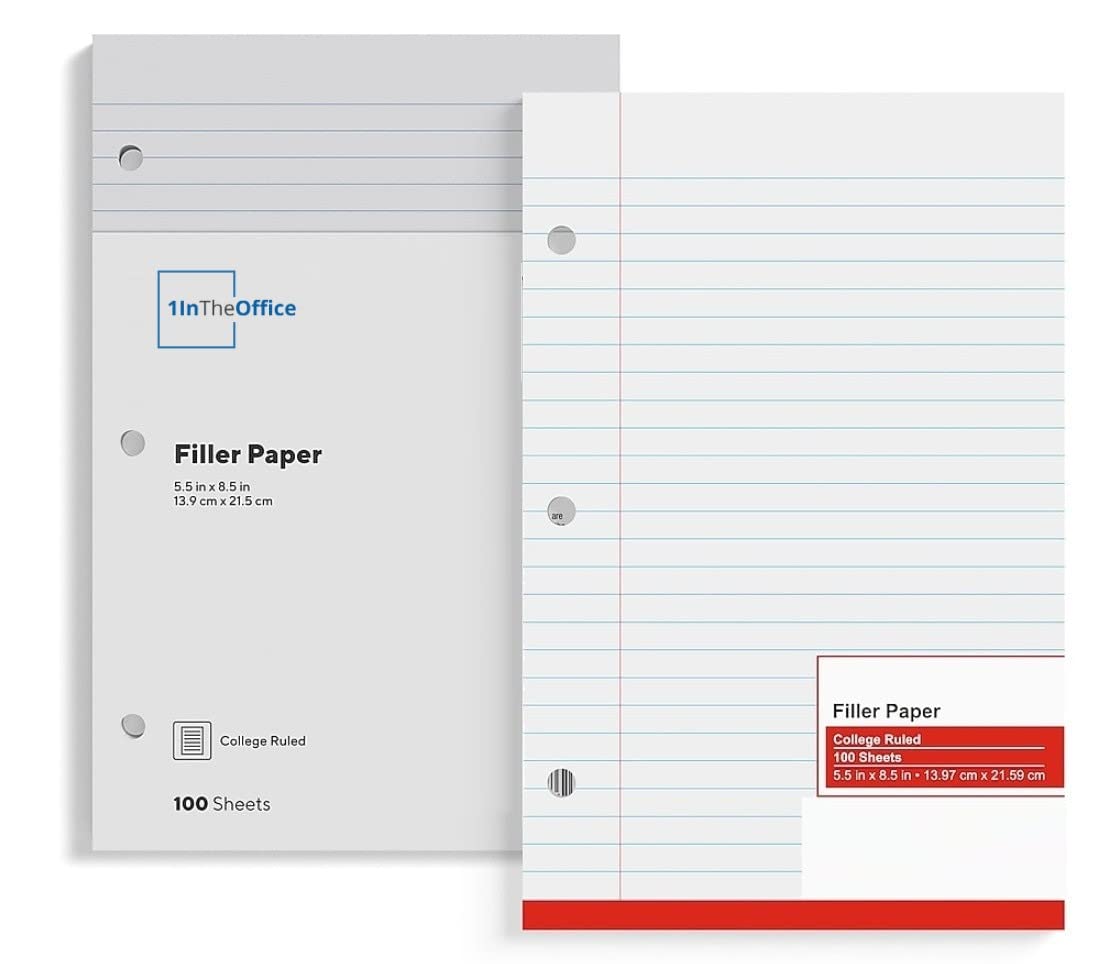 1Intheoffice College Ruled Filler Paper 5.5 X 8.5 Mini Binder Filler Paper, White, 100 Sheets/Pack