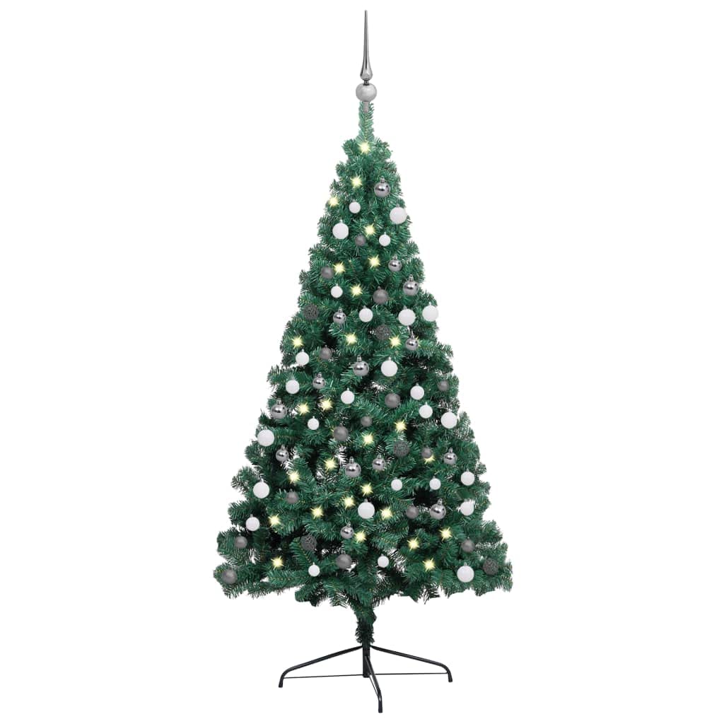 vidaXL Artificial Half Christmas Tree with LED Lights and Ball Set, Green and Grey 70.9&quot;, PVC Material, USB-Powered, Space-Saving Design, Festive Ornaments Included