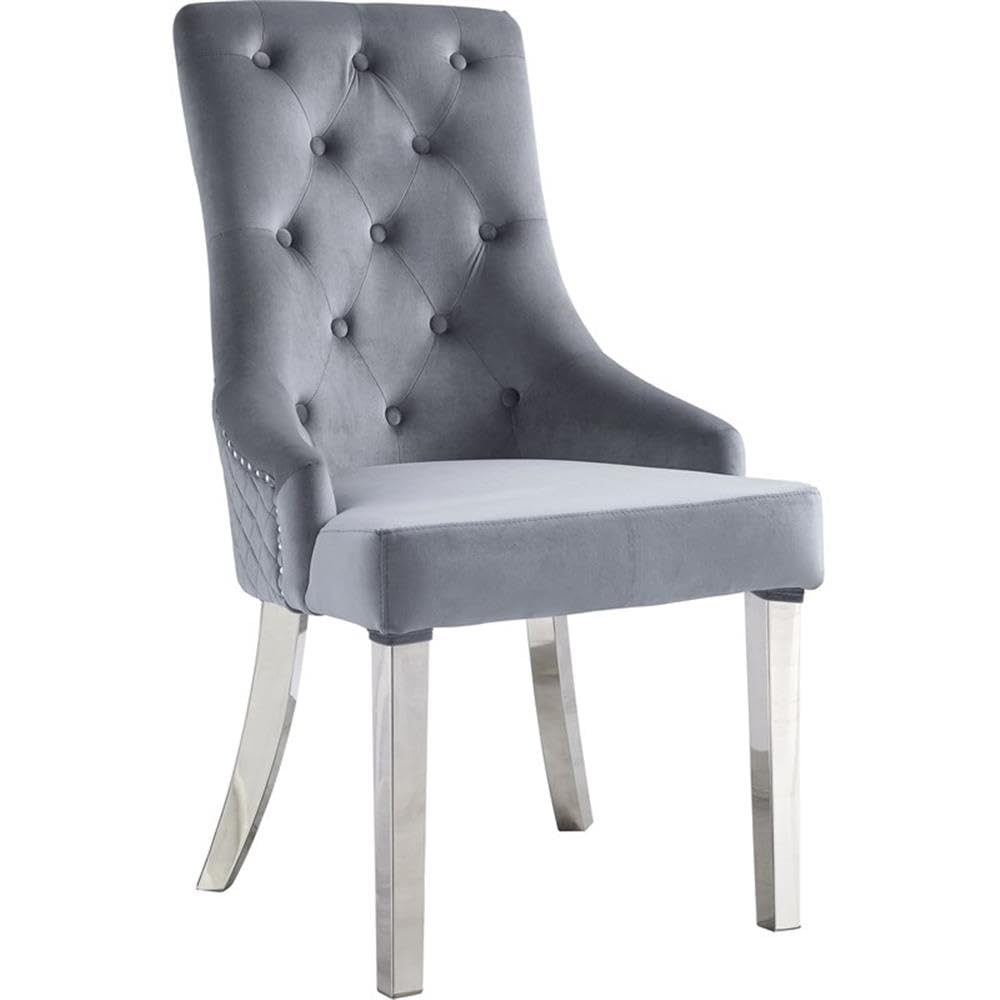 Acme Satinka Tufted Fabric Side Chair in Gray and Mirrored Silver (Set of 2)