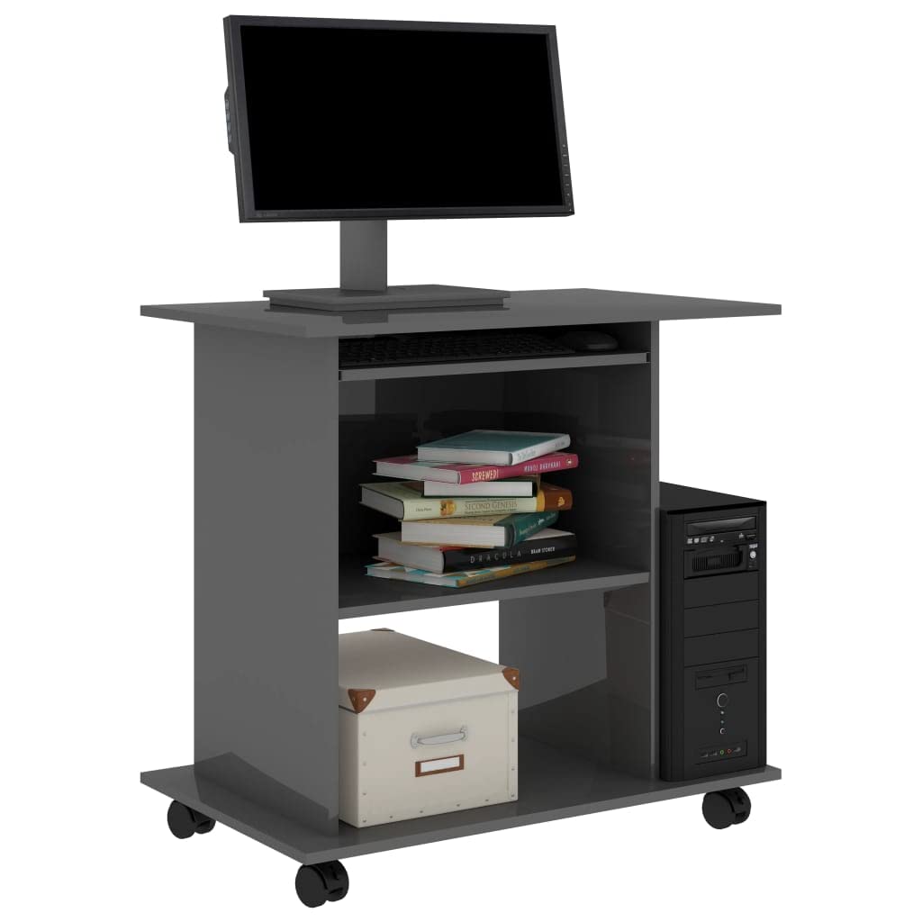 vidaXL Compact Computer Desk - Engineered Wood, Space-Saving High Gloss Gray, Designed for Laptop and Desktop with Sliding Keyboard Tray, CPU Shelf, 2 Extra Shelves, Easy Mobility with Pre-Install...