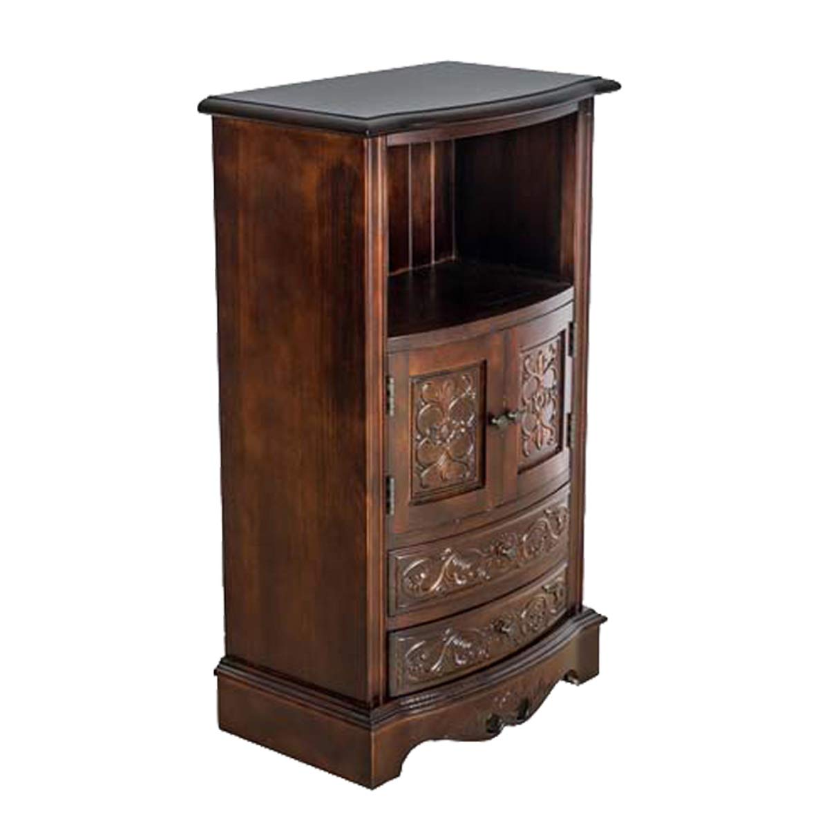 Benjara Engraved Wooden Frame Storage Cabinet with 2 Drawers and 2 Doors, Brown