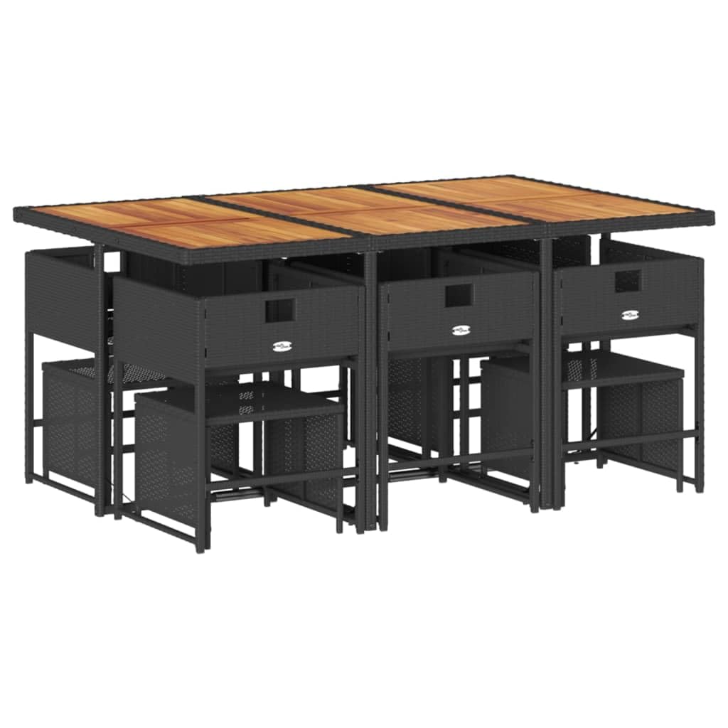 vidaXL - 11 Piece Black Patio Dining Set - PE Rattan - with Cushions - Outdoor/Garden/Backyard - Acacia Wood Table - Space-Saving Design