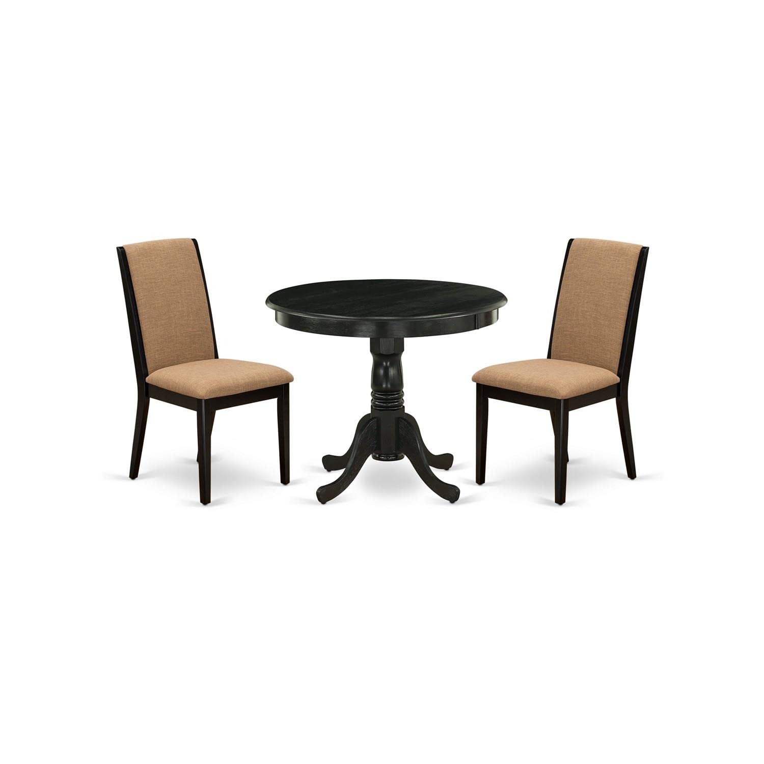 East West Furniture Anla3-Abk-47 3 Piece Dining Room Furniture Set Contains A Round Kitchen Table With Pedestal And 2 Light Sable Linen Fabric Parson Dining Chairs, 36X36 Inch, Wirebrushed Black