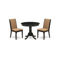 East West Furniture Anla3-Abk-47 3 Piece Dining Room Furniture Set Contains A Round Kitchen Table With Pedestal And 2 Light Sable Linen Fabric Parson Dining Chairs, 36X36 Inch, Wirebrushed Black