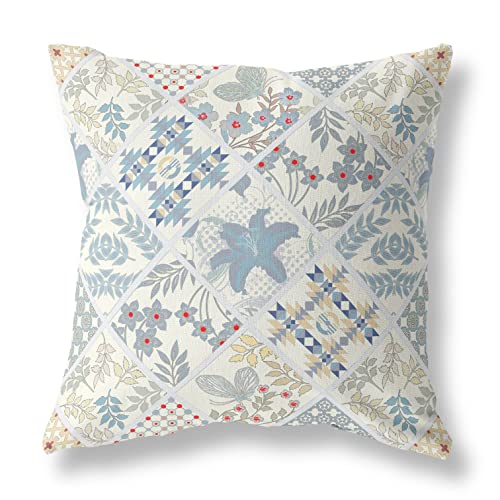 HomeRoots White Light Blue Broadcloth 16â€ White Blue Patch Indoor Outdoor Throw Pillow