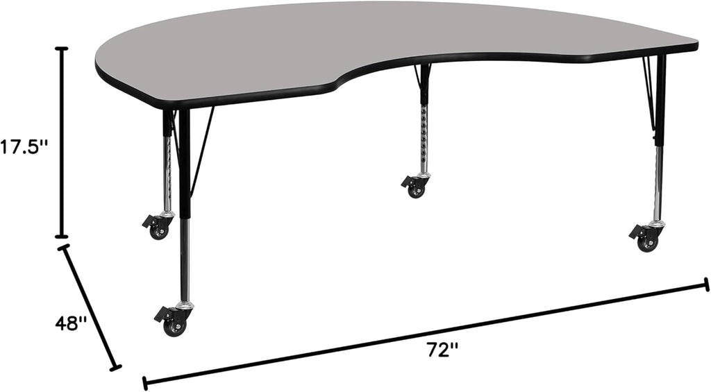 Mobile 48W x 72L Kidney Grey Thermal Laminate Activity Table - Height Adjustable Short Legs