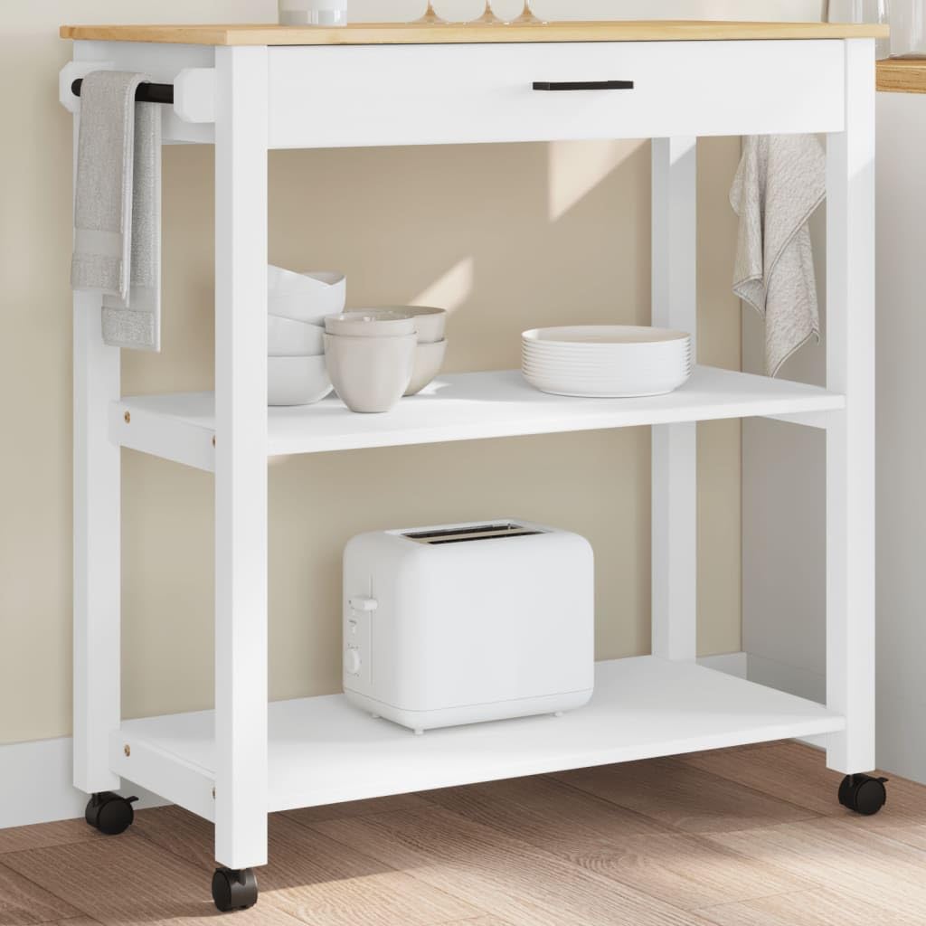 vidaXL Solid Wood Pine Kitchen Trolley Cart - Rolling Storage on Wheels with Drawer, Shelves - White/Honey Finish, 33.1x15.7x35.4