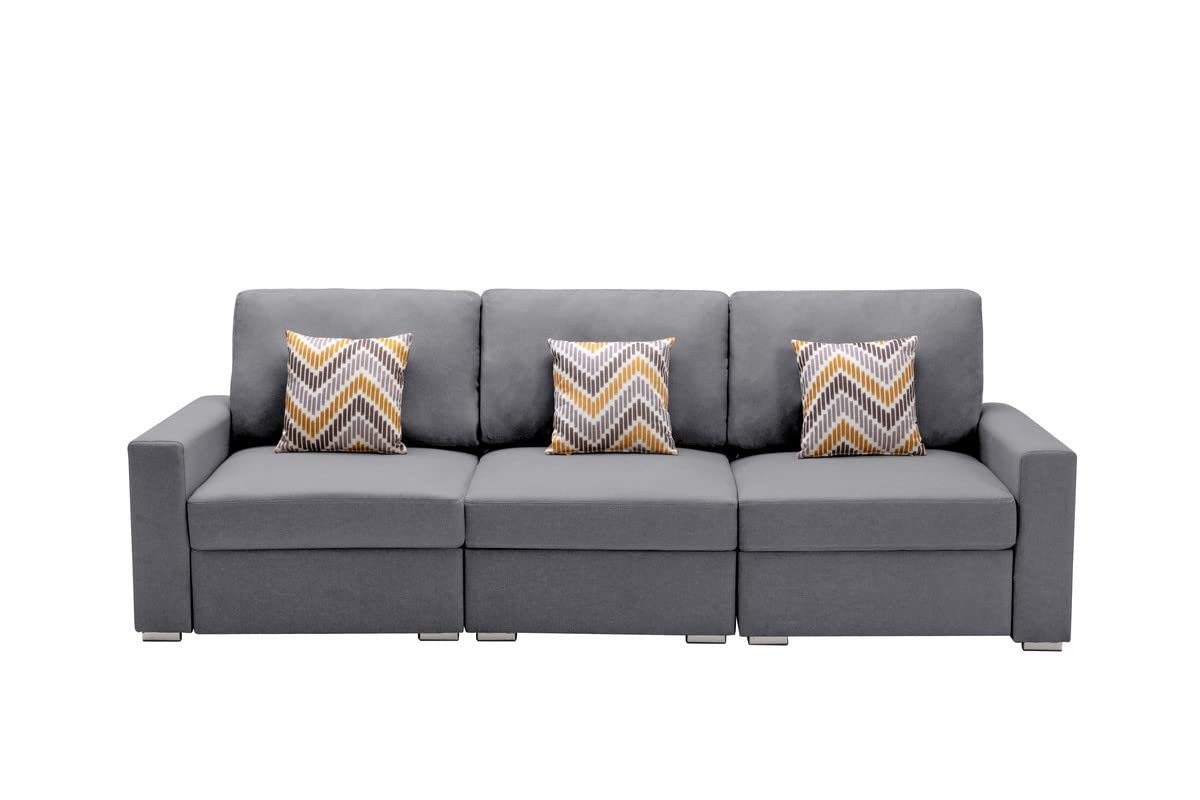 Lilola Home Nolan Gray Linen Fabric Sofa with Pillows and Interchangeable Legs