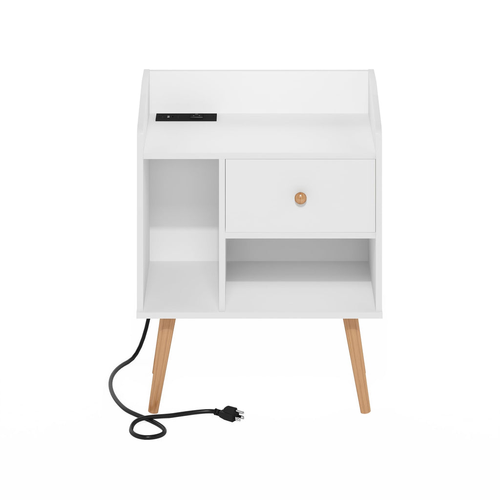 Furinno Claude Mid Century Style End Table, Side Table with USB and Type-C Charging Station, White