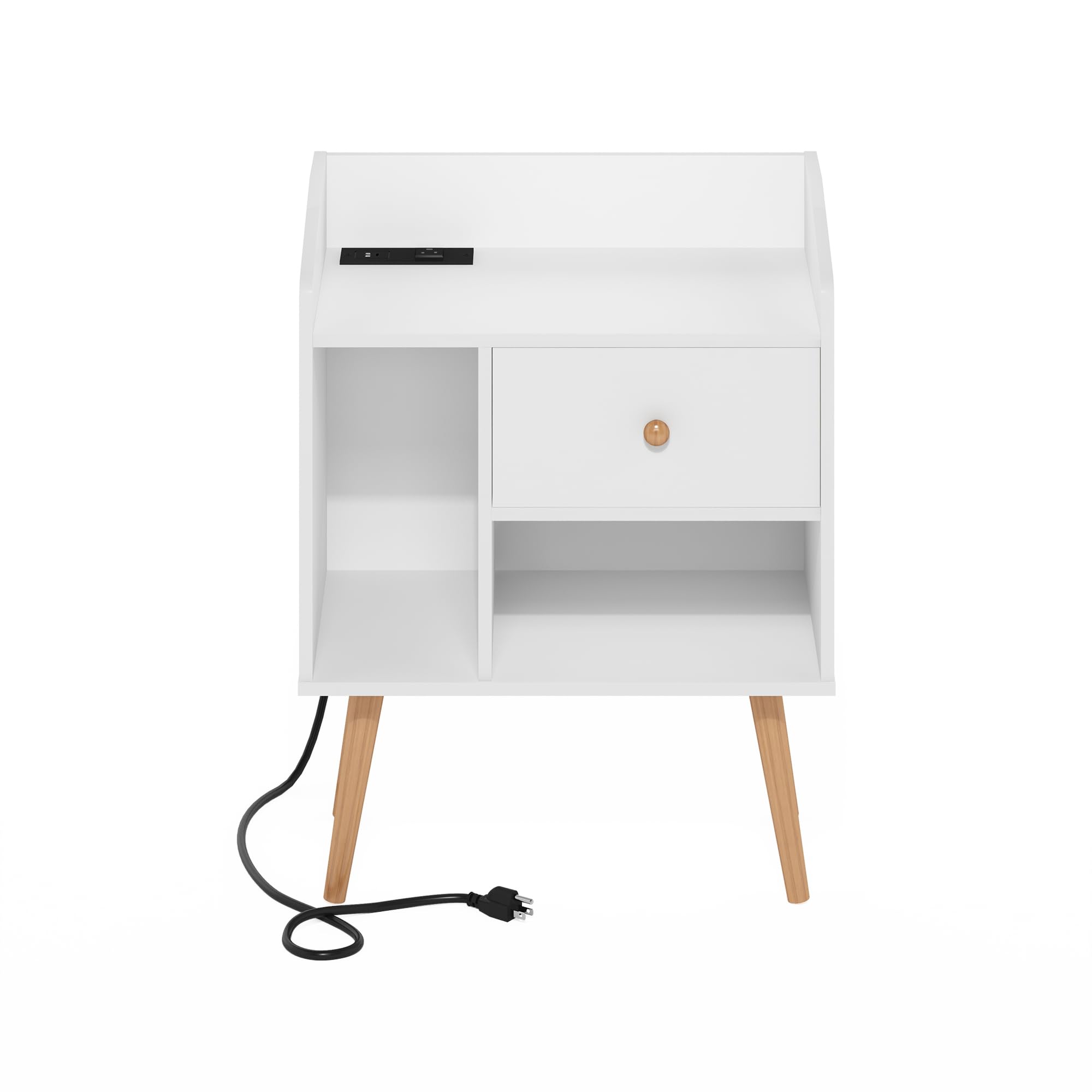 Furinno Claude Mid Century Style End Table, Side Table with USB and Type-C Charging Station, White