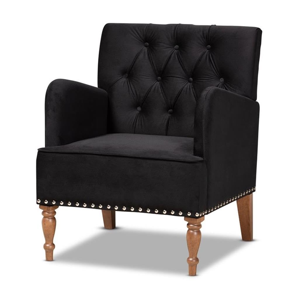 Baxton Studio Eri Contemporary Glam and Luxe Black Velvet Upholstered and Walnut Brown Finished Wood Armchair
