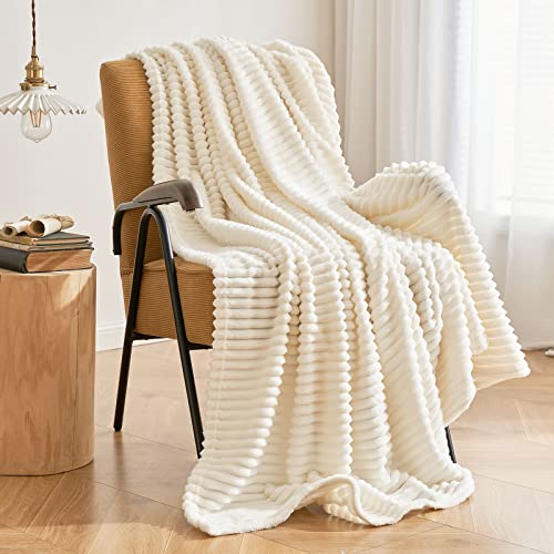 Miulee Cream White Throw Blanket 3D Ribbed Jacquard Fleece Flannel Velvet Plush Decorative Bed Blanket (Throw, 50' X 60') - Su