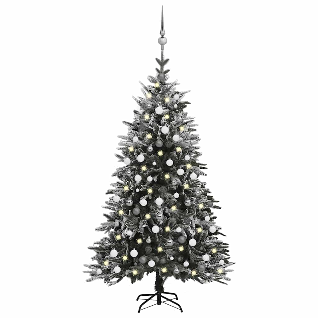 vidaXL LED Artificial Christmas Tree - Flocked Snow, Green, 82.7" - Includes Balls & Steel Stand