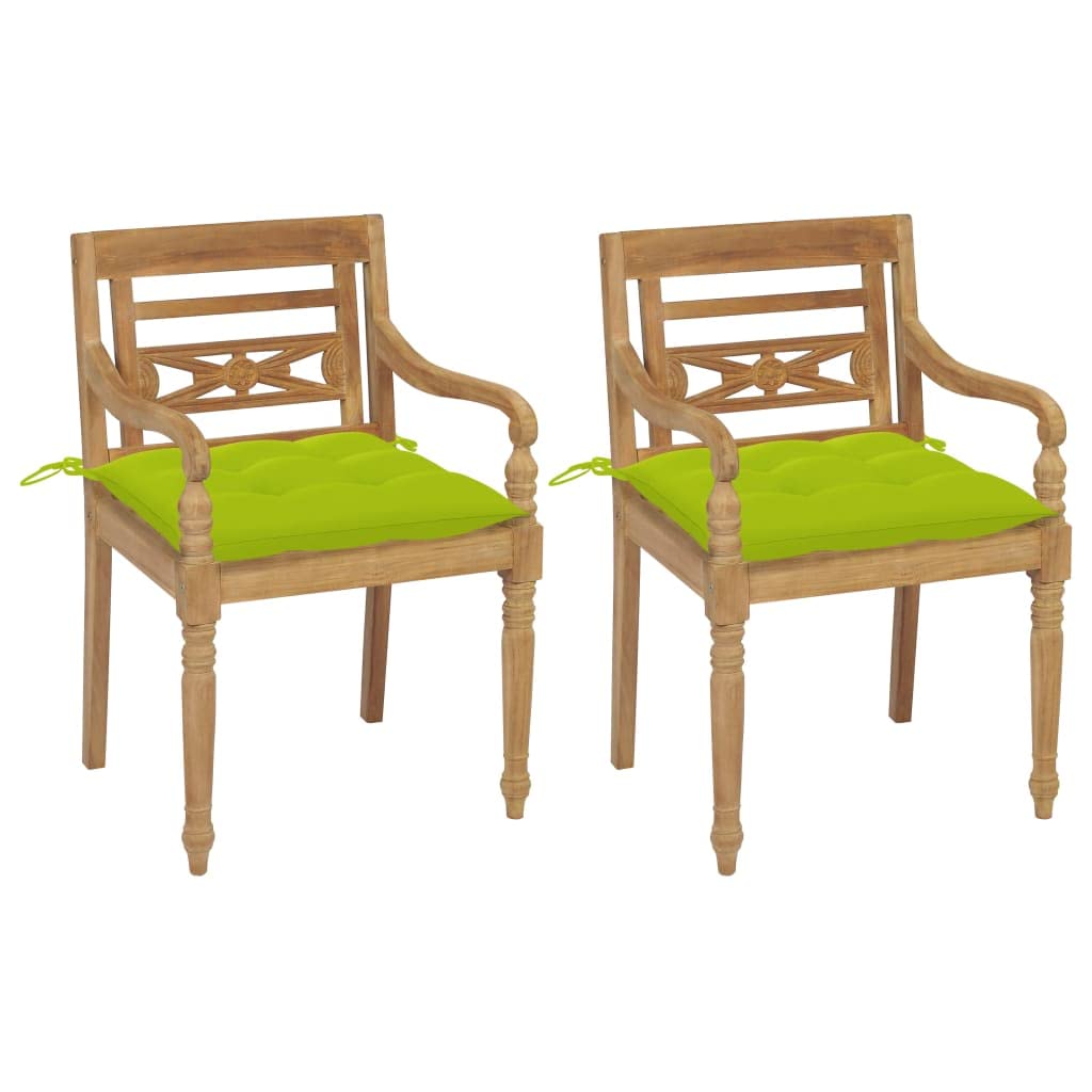 Vidaxl Batavia Garden Chairs Set - Solid Teak Wood Construction - Weather-Resistant Outdoor Furniture - Includes Bright Green Cushions - Ideal For Patio, Lounge, And Dining Use