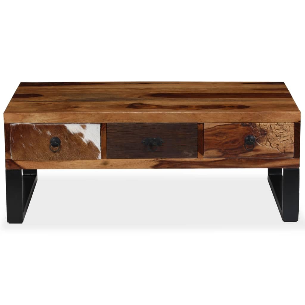 vidaXL Solid Sheesham Wood Coffee Table with Steel Legs and Genuine Cowhide Detail- Hand Carved, Honey-Finished Home Furniture with Storage Drawers 35.4&quot;x19.7&quot;x13.8&quot;