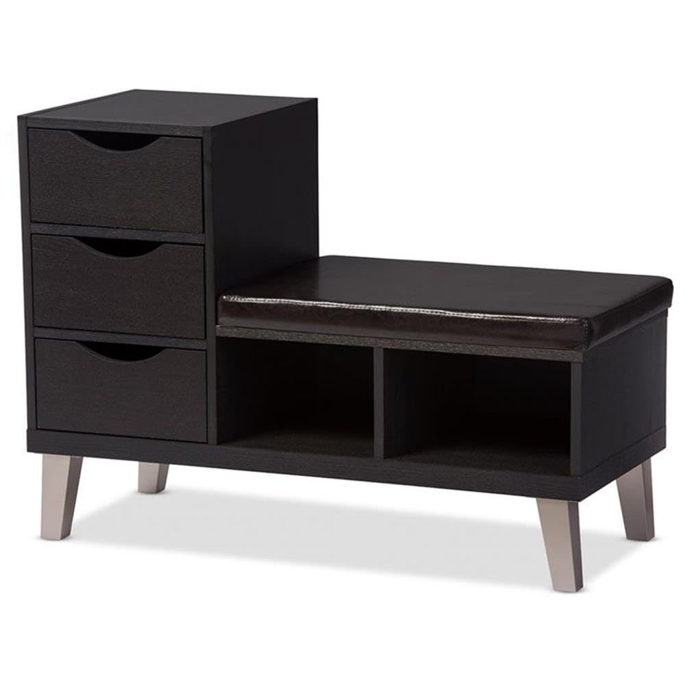 Baxton Studio Arielle Modern Contemporary Wood 3 Drawer Shoe Storage Padded Leatherette Seating Bench with Two Open Shelves, Dark Brown