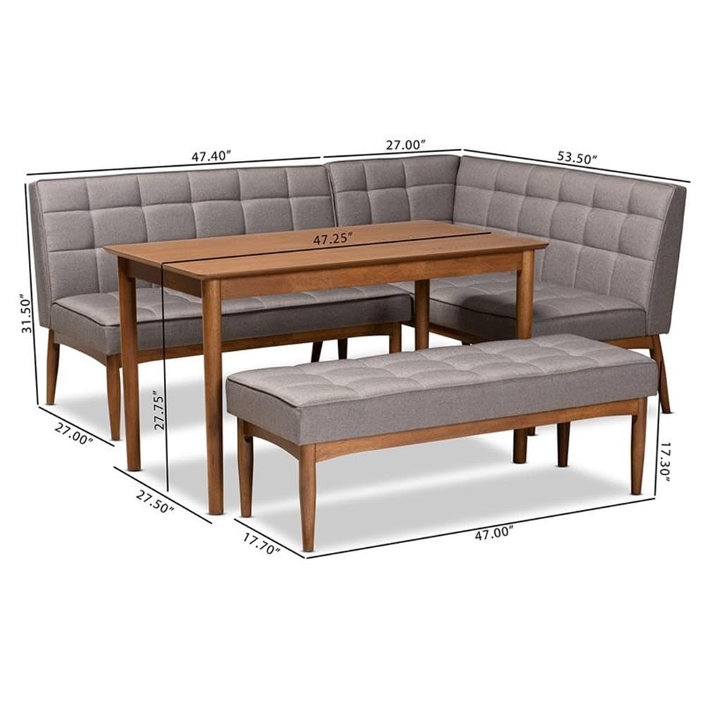 Baxton Studio Sanford Mid-Century Modern Grey Fabric Upholstered and Walnut Brown Finished Wood 4-Piece Dining Nook Set