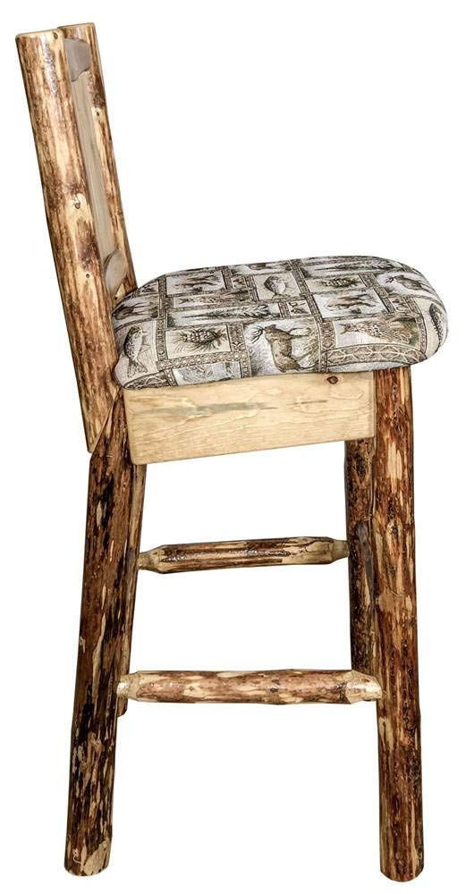 Montana Woodworks Glacier Country Collection Counter Height Barstool with Upholstered Seat, Woodland Pattern, Laser Engraved Pine Tree Design, Stained & Lacquered
