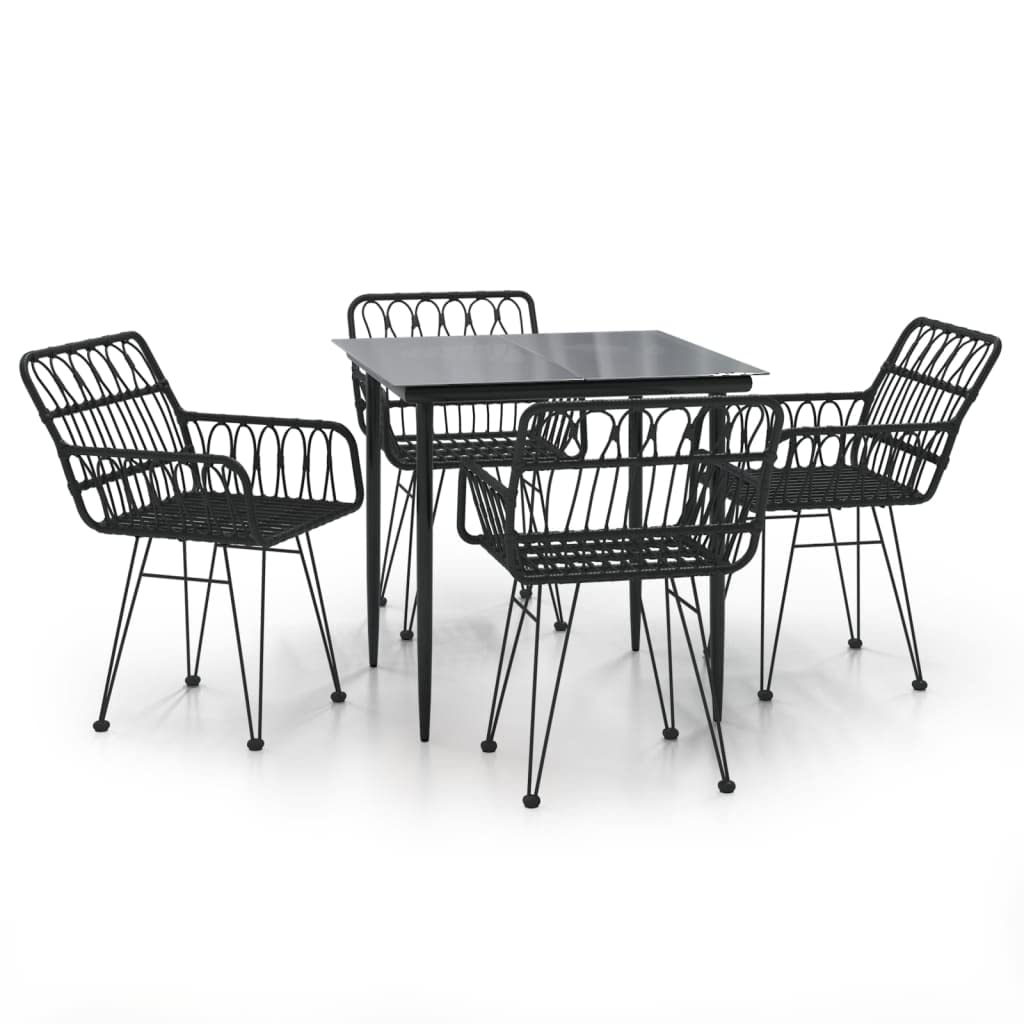 vidaXL Modern Patio Dining Set - Black Poly Rattan and Steel - Includes 1 Square Table and 4 Chairs - for Outdoor, Garden, Deck, and Patio Use
