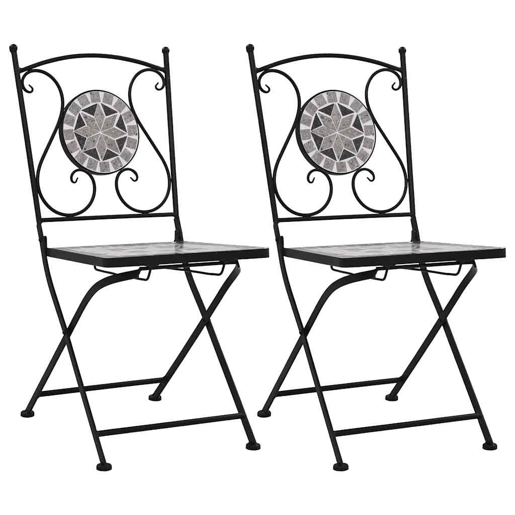 vidaXL Set of 2 Mosaic Bistro Chairs – Waterproof Ceramic Seat – Perfect for Garden, Patio & Balcony – Gray