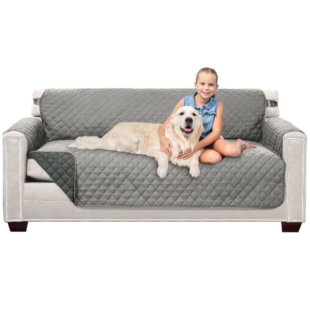 Sofa Shield Couch Slip Cover With Patented Strap, Cushion Protector, Reversible Stain And Dog Tear Resistant Slipcover, Quilted Microfiber 70” Seat, Washable Covers For Dogs Pets Kids Lt Gray Charcoal