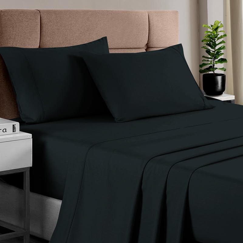 Pizuna Pure 100% Cotton Bed Sheets Set King Size Black, Luxurious 400 Thread Count Long Staple Cotton Sateen Sheets With 15' De