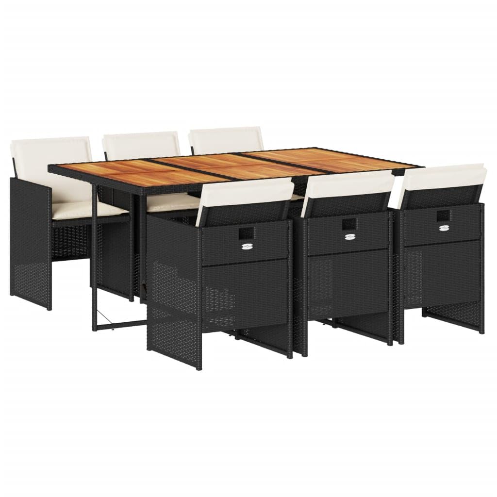 vidaXL Patio Dining Set - 7 Piece Outdoor Furniture with Cushions - Black Poly Rattan and Acacia Wood Table