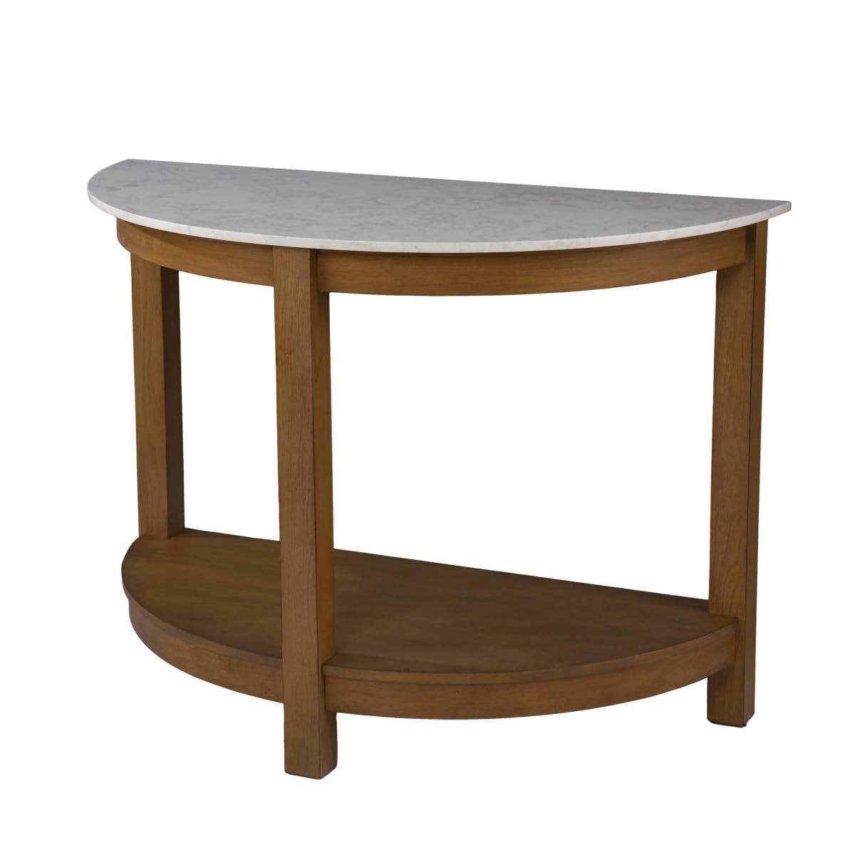 HomeRoots 402418 42 in. Faux Marble Half Circle Three Leg Console Table with Storage White & Natural