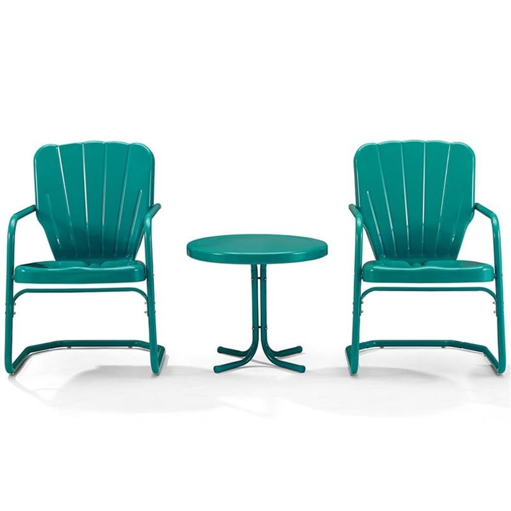 Crosley Furniture Ridgeland 3-Piece Outdoor Chair and Side Table Set, Retro Metal Bistro Patio Sets for Deck, Turquoise