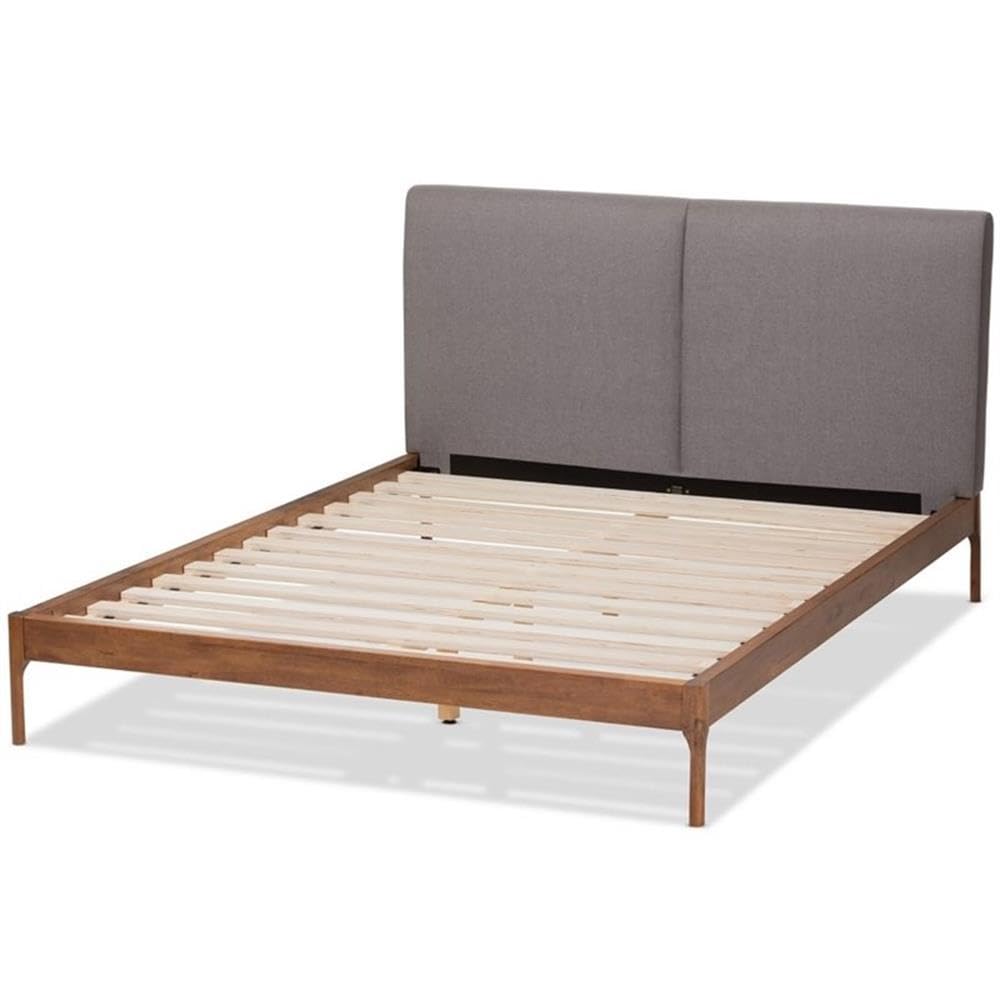 Baxton Studio Aveneil Mid-Century Modern Grey Fabric Upholstered Walnut Finished Full Size Platform Bed