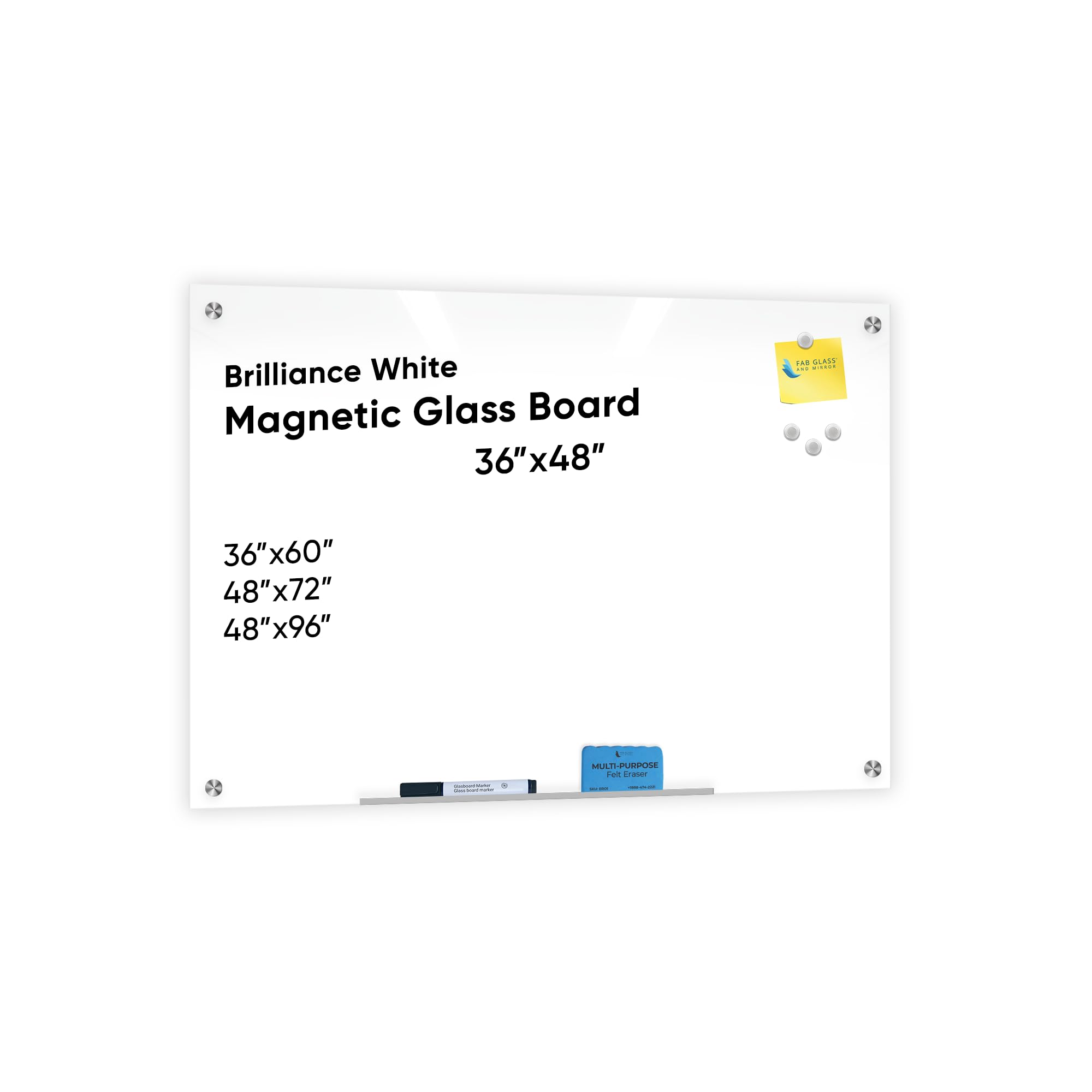 Frameless Magnetic Glass Board 36'X48', White Surface Glass Board - Includes Magnets, Markers, Marker Tray, Eraser For Home &