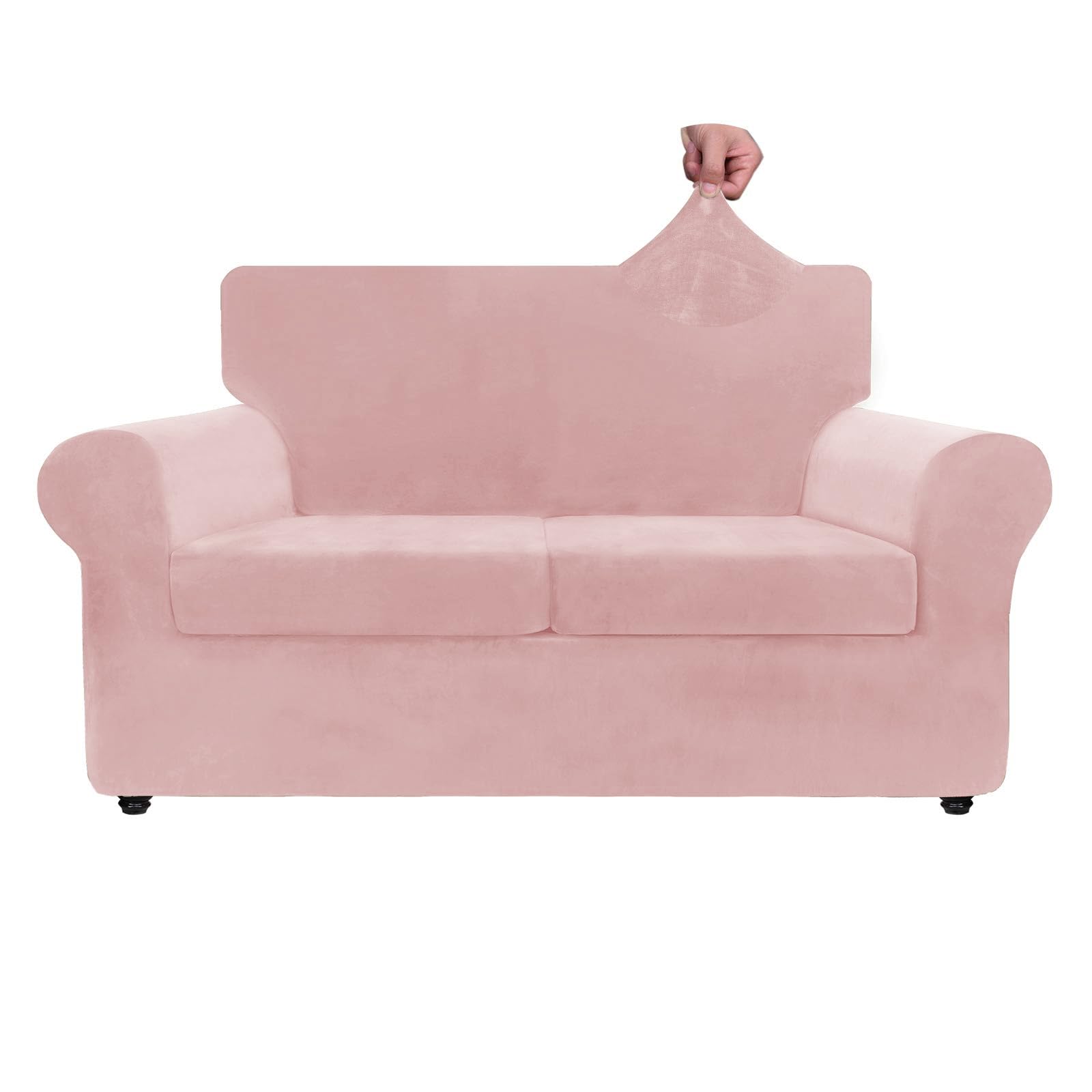 Znsayotx Luxury Velvet Sofa Cover 3 Piece (57'-70') Stretch Loveseat Covers For 2 Cushion Couch Thick Soft Couch Slipcover With Non Slip Strap, Dog Pet Friendly Nice Furniture Protector (Rose)