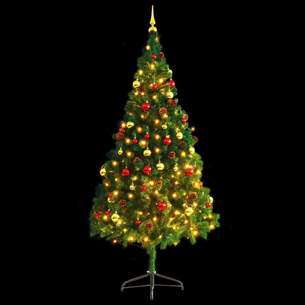 Vidaxl Artificial Christmas Tree With Baubles And Leds Holiday Home Living Room Office Garden Terrance Ornament Decor Xmas Decoration Green 7 Ft