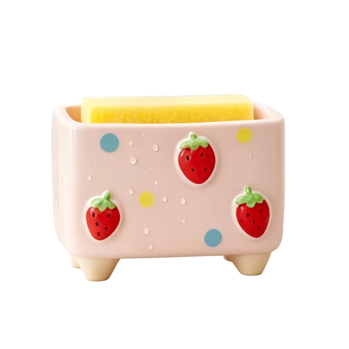 Ceramic Sponge Holder, Pink Strawberry Sponge Holder for Kitchen Sink Counter, Caddy with Drain Holes Cute Home Decor
