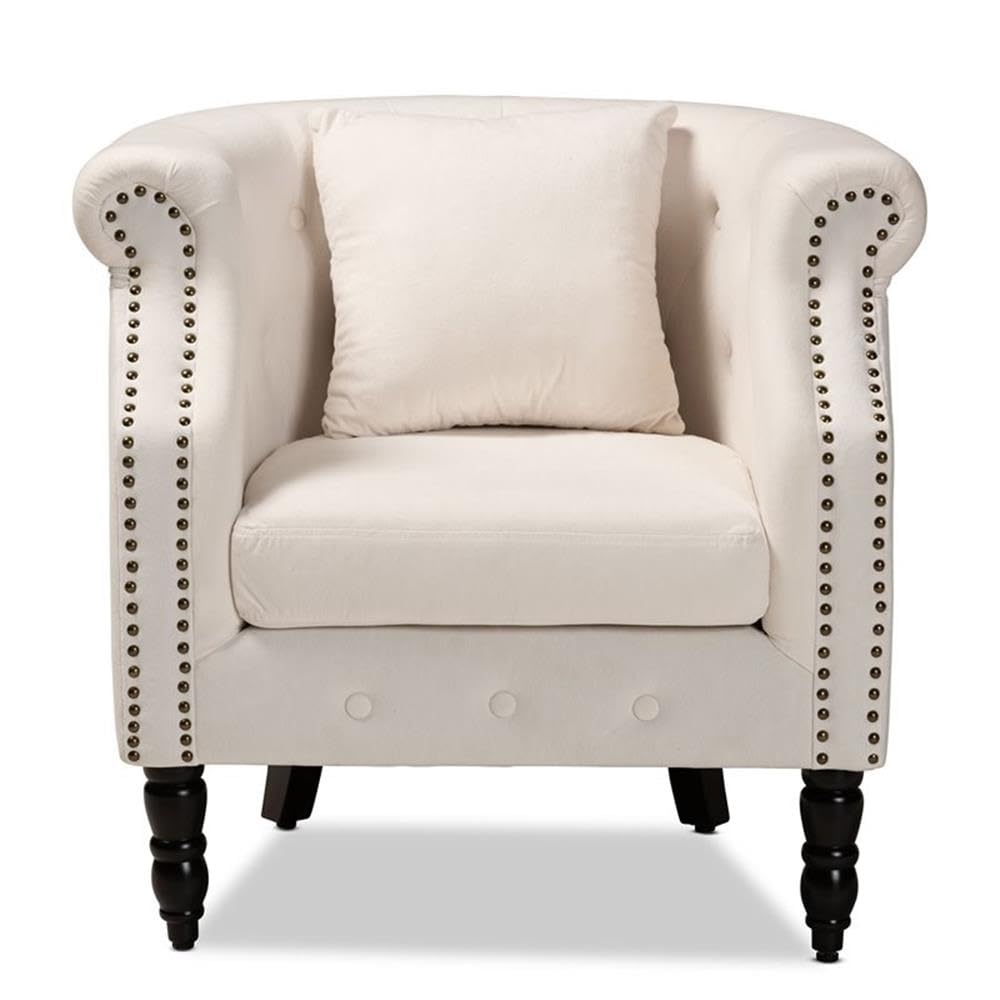Baxton Studio Renessa Classic and Traditional Beige Velvet Fabric Upholstered and Dark Brown Finished Wood Armchair