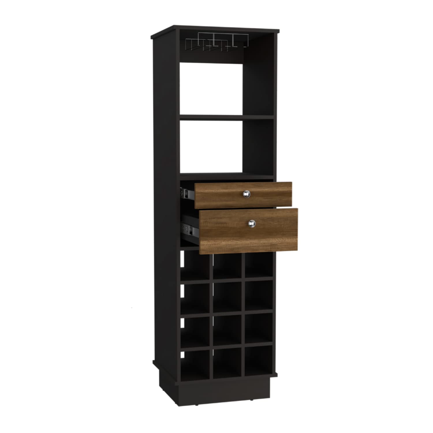 Depot E-Shop Zircon Bar Cabinet, 12 Built-In Wine Rack, 2 Drawers, Black/Walnut