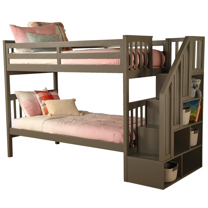 Kodiak Furniture Kelcie Twin/Twin Wood Bunk Bed with Storage and Stairs in Dark Gray