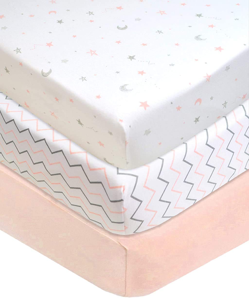 American Baby Company 3 Pack Fitted Crib Sheets 28' X 52', Soft Breathable Neutral 100% Cotton Jersey Sheet, Blush Pink Star/Z
