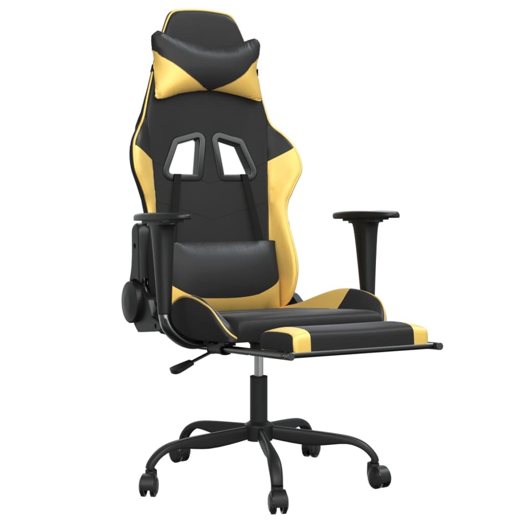 vidaXL Massage Gaming Chair for Adult, Reclining Computer Chair with Footrest and Headrest, Height Adjustable Office Chair with 360°-Swivel Castors, Black and Gold Faux Leather