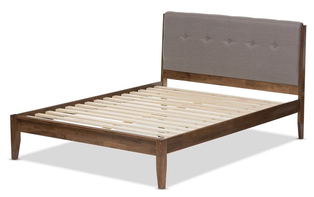 Baxton Studio Leyton Mid-Century Light Grey Fabric and Medium Brown Finish Wood King Size Platform Bed