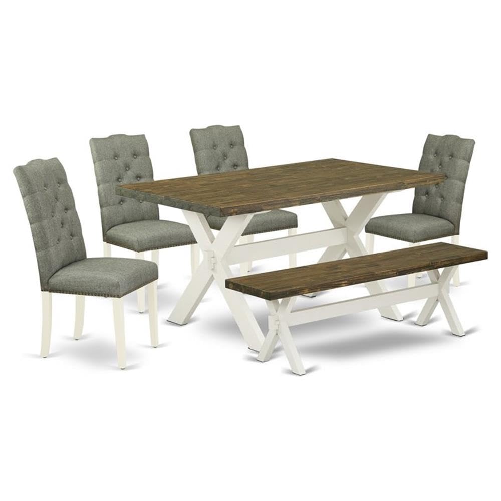 East West Furniture X076El207-6 6 Piece Kitchen Table & Chairs Set Contains A Rectangle Wooden Table And 4 Gray Linen Fabric Parson Chairs With A Bench, 36X60 Inch, Multi-Color