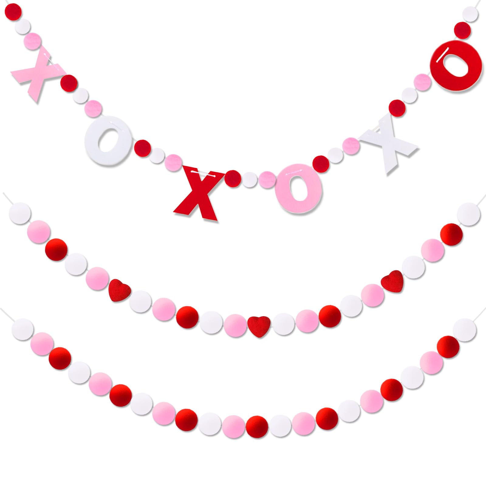 SOVOEY Valentine's Day Garland - XOXO Garland Heart Felt Ball Banner Pompom Valentine's Decorations for Mantle Fireplace Walls R