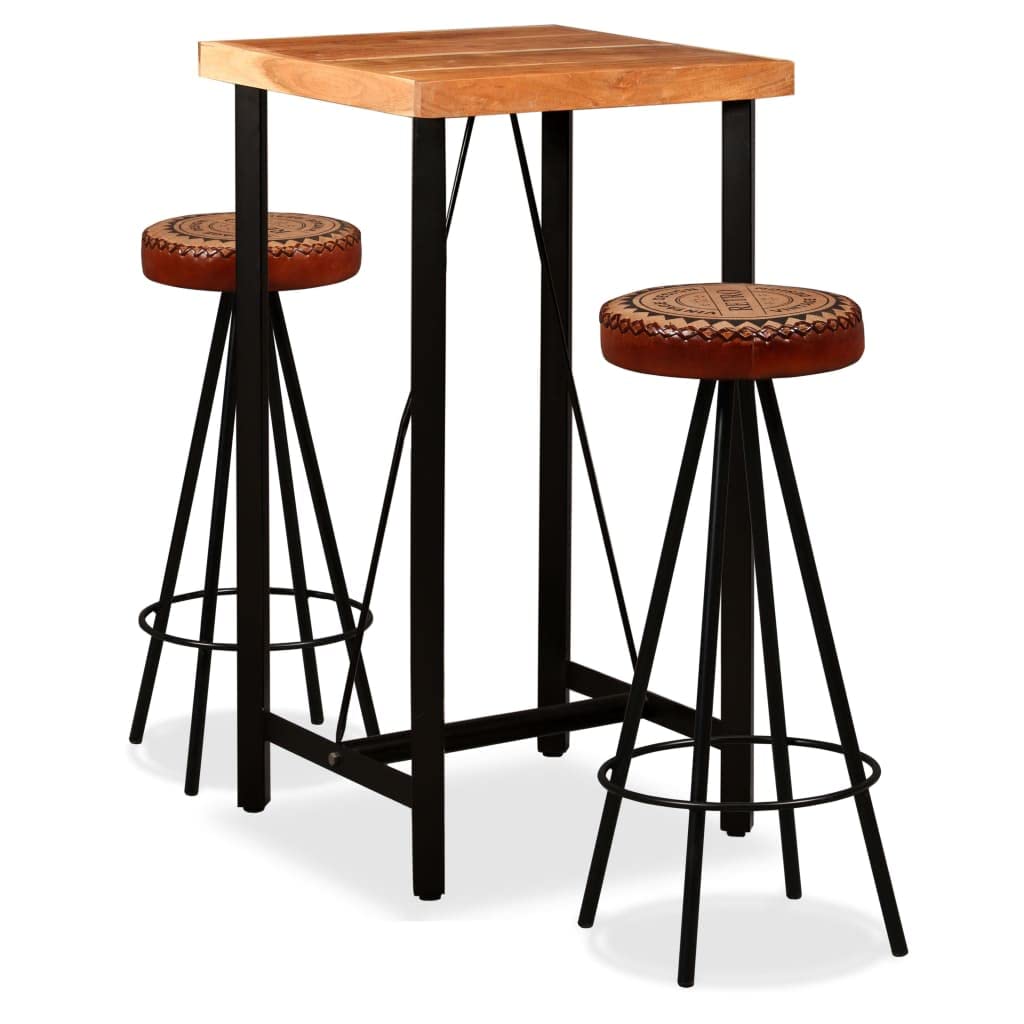 Vidaxl Solid Acacia Wood Bar Set 3 Piece Heavy Duty Rustic Industrial High Stools Bistro Pub Restaurant Seating Set Genuine Leather Canvas Steel