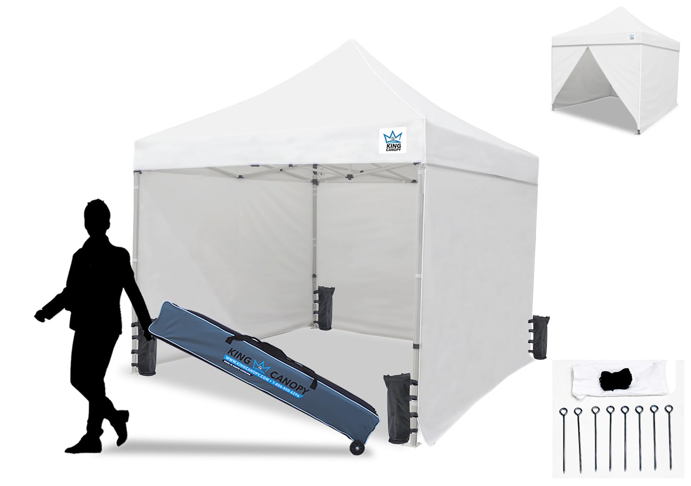 King Canopy Ares 10-Feet by 10-Feet Commercial Instant Pop up w/ 3 Solid Sides,1 Zippered Door,Weight Bags,Guy Rope, Stakes,1 1/
