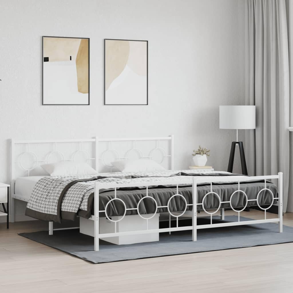 vidaXL White King Bed Frame with Headboard/Footboard - Steel Metal Bedroom Furniture, 76"x79.9" Mattress Support