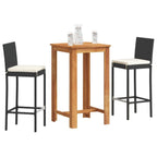 vidaXL 3-Piece Patio Bar Set-Black Poly Rattan & Solid Acacia Wood Table-Square Outdoor Garden Furniture with Cream White Cushions