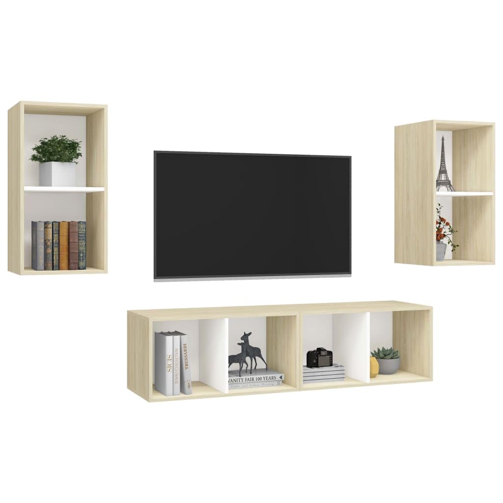 vidaXL TV Stand 4 Pcs Wall-Mounted Hanging Stand Unit Stereo Storage HiFi Plasma Living Room Home Furniture White and Sonoma Oak Engineered Wood